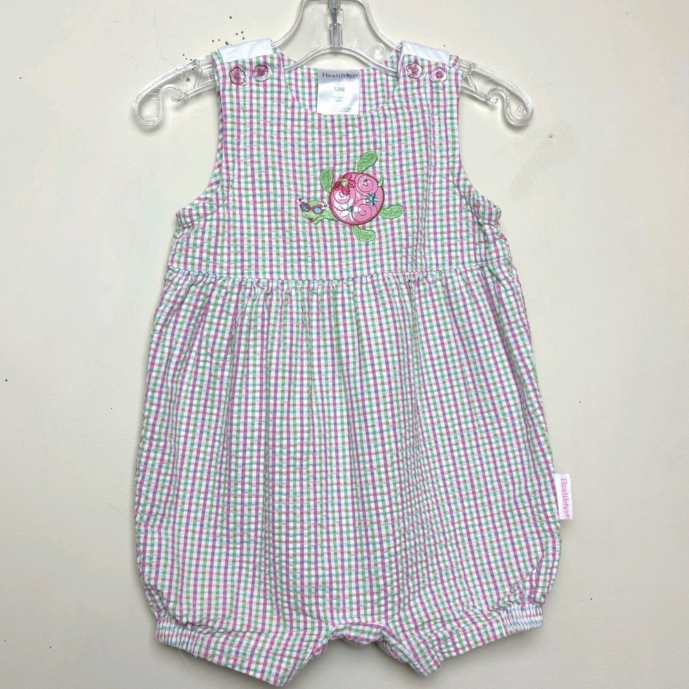 VTG Bubble Romper Girls 12M Baby 100% Cotton Pink Gingham Plaid Seersucker Bib